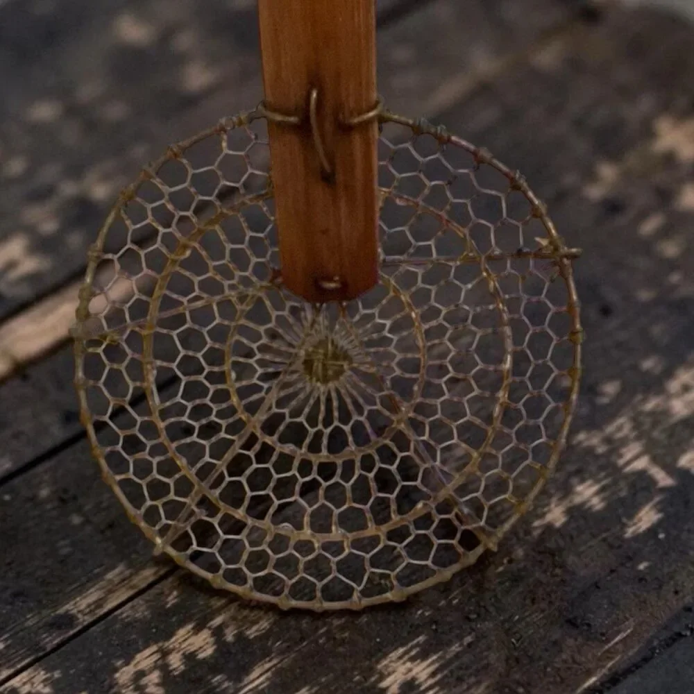 Vintage Bamboo Handle Wire Mesh Skimmer Strainer Rustic Kitchen Utensil